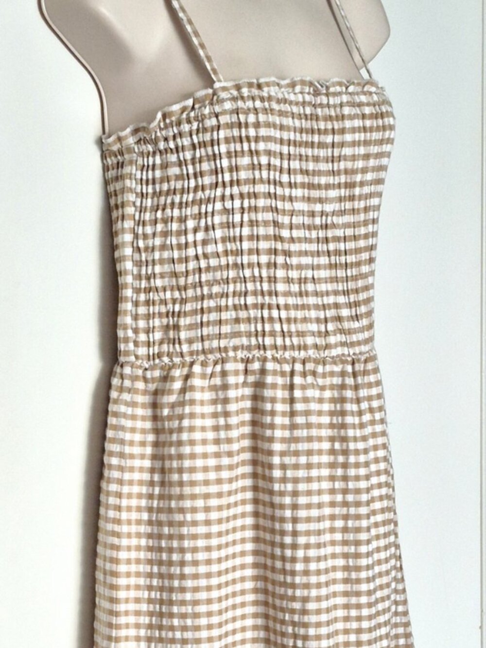 Sim & Sam Smocked Gingham Cotton Midi Dress Tan White Combo Plaid Size L NWT